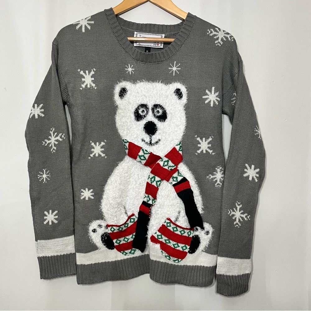 Holiday Sweater 3D Christmas Polar Bear‎ Snowflakes Knit Medium